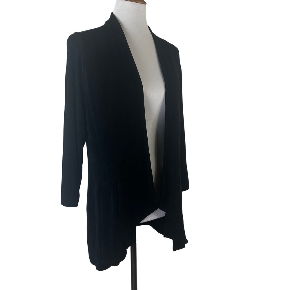 Chicos Travelers Black Ribbed Open Front Draped Cardigan Jacket Womens 2 US L